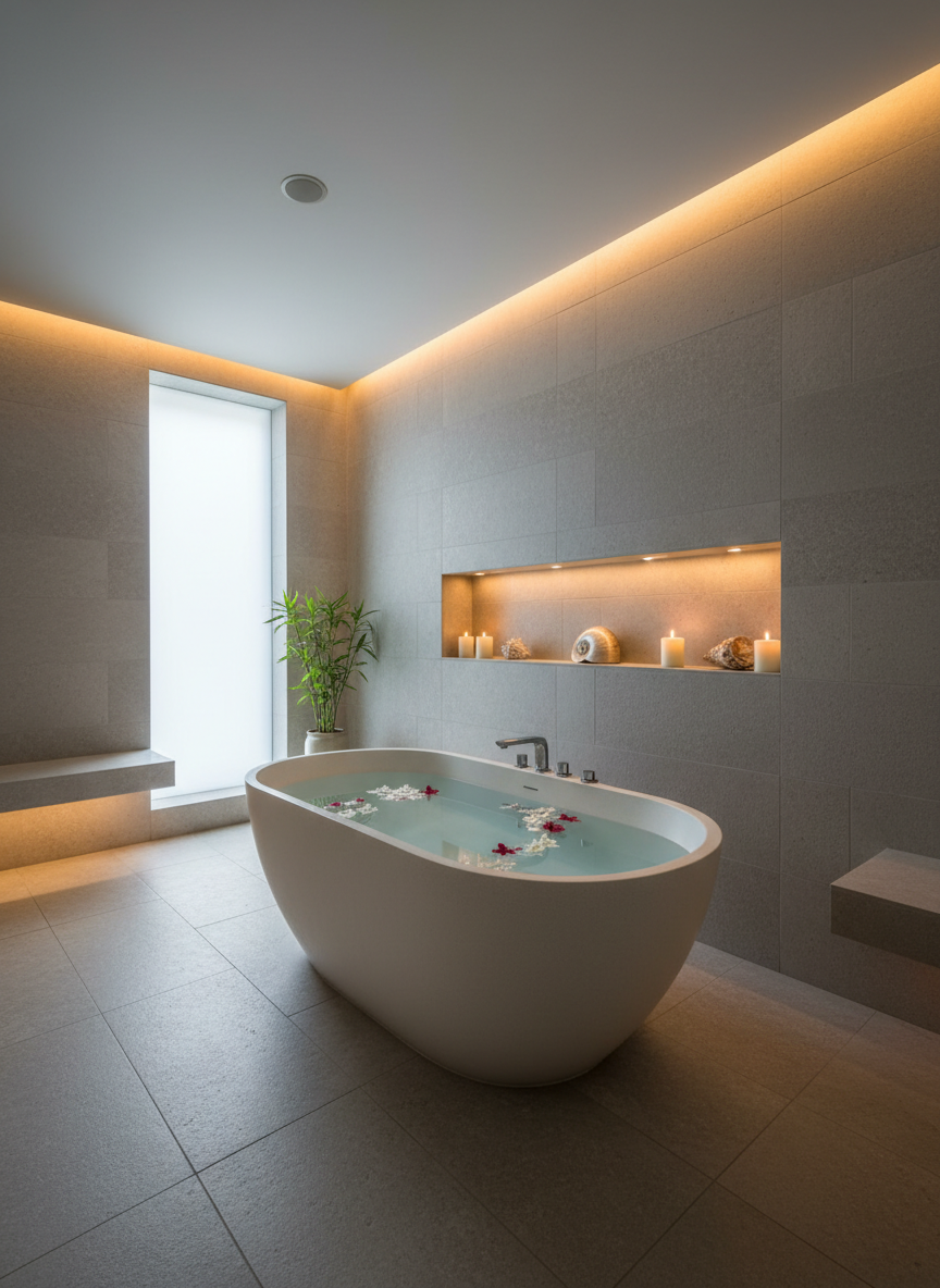 An elegant hydrotherapy area in a high-end spa, showcasing a freestanding deep soaking tub made of smooth matte white stone, filled with clear water and delicate flower petals floating on the surface. The tub is framed by light gray stone tiles and a subtle recessed niche with candles, polished shells, and a small potted bamboo plant. Soft, indirect LED strip lighting washes the walls in a warm glow, while faint natural daylight streams from a frosted window, creating a gentle interplay of light and shadow. Photographic realism, wide-angle shot at eye level, capturing the full scene with crisp clarity. The mood is luxurious and meditative, evoking holistic healing and quiet retreat, without any people visible.