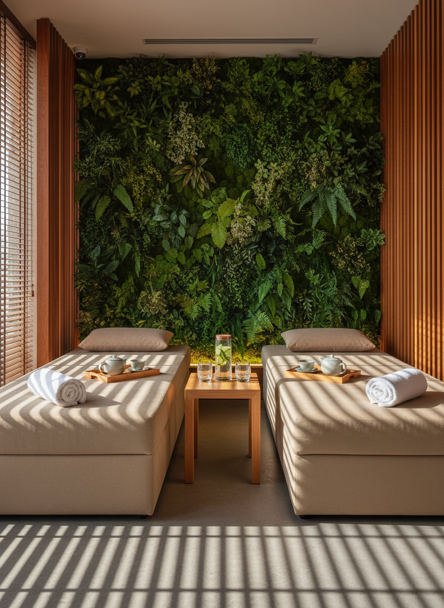 A serene spa lounge area designed for post-treatment relaxation, with two oversized, cushioned daybeds upholstered in soft sand-colored fabric, each topped with a rolled white towel and a small tray holding an herbal tea set. Between the daybeds, a low wooden table supports a transparent carafe of cucumber-infused water and crystal tumblers. The backdrop features a living green wall of lush foliage, subtly lit from below, and vertical wooden slats adding rhythm and sophistication. Natural late-afternoon light filters through slatted blinds, creating gentle linear shadows across the floor. Photographic realism, shot from a slightly elevated angle with moderate depth of field to keep all key elements in focus. The atmosphere is tranquil, refined, and deeply restful, emphasizing wellness moments and client comfort without any human presence.