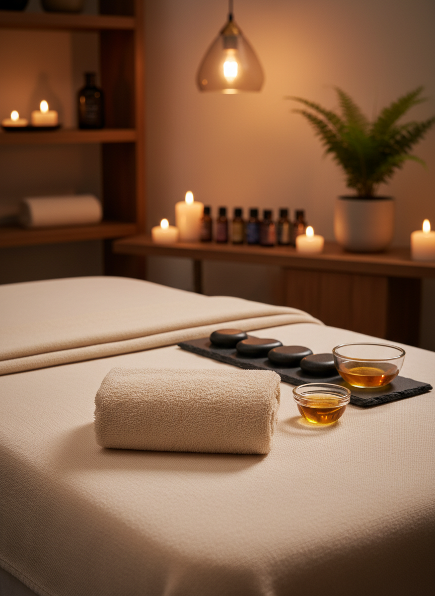A close-up, photographic view of a spa massage table prepared for a hot stone therapy session, with a neatly folded ivory towel, a row of perfectly smooth basalt stones warming on a slate tray, and a small glass bowl of aromatic oil catching the light. The table’s linen is flawlessly pressed, with subtle texture visible. In the background, softly blurred wooden shelving holds candles, essential oil bottles, and a single green fern in a matte ceramic pot. Warm pendant lighting and gentle candlelight create soft highlights and delicate shadows. Shot from a slightly elevated angle, the composition uses the rule of thirds to guide the eye from foreground details to the tranquil environment, conveying a refined, calming, and indulgent atmosphere, completely free of human figures.